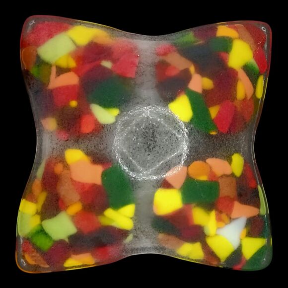 Fused Glass Trinket Dish Catchall Tray Square Red Orange Yellow Green MCM Style - Picture 4 of 12